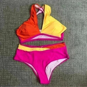 2 Piece Bikini Bright Pink Orange Yellow Color Block no label swimsuit size 2XL